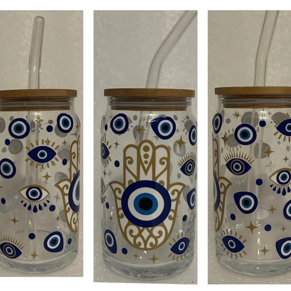 Evil Eye Glass Libby Cup w/ Lid and Glass Straw- 16oz - Picture 1 of 5